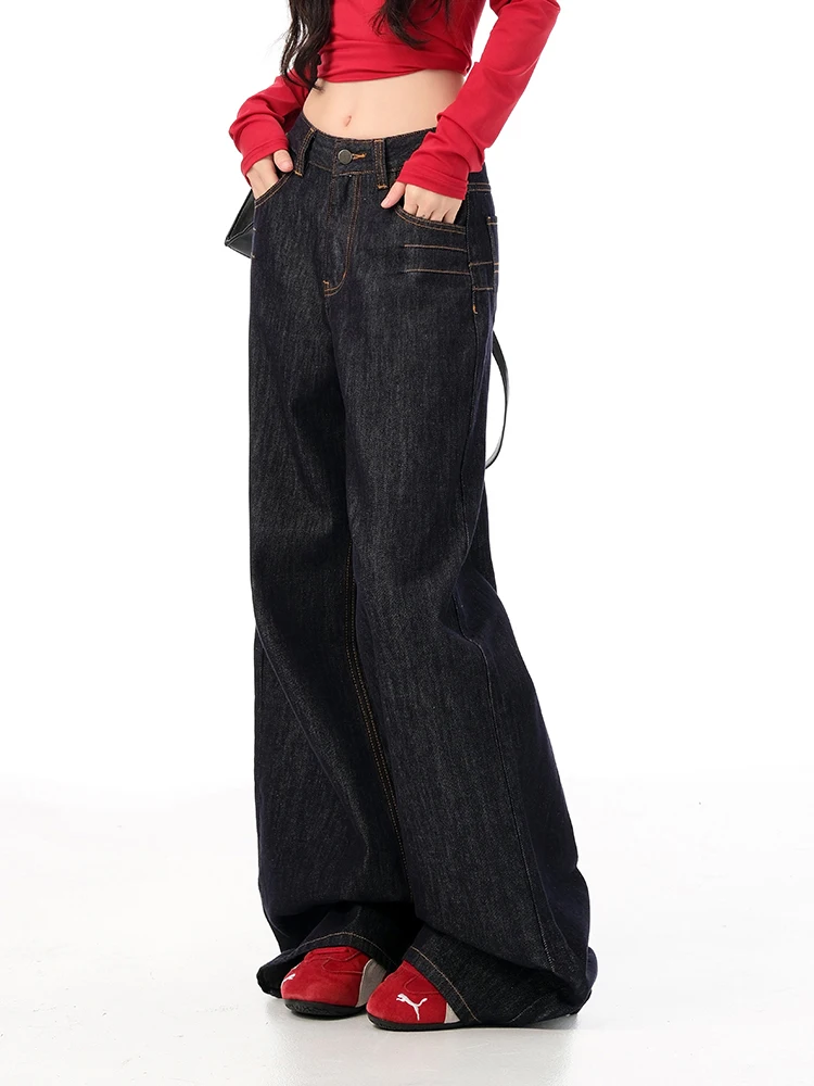 Y2K جينز فضفاض عالي الخصر للنساء تصميم فتاة حار للخريف بتصميم أنبوب مستقيم معلق على الأرض بنطال ذو قصة أرجل واسعة #1