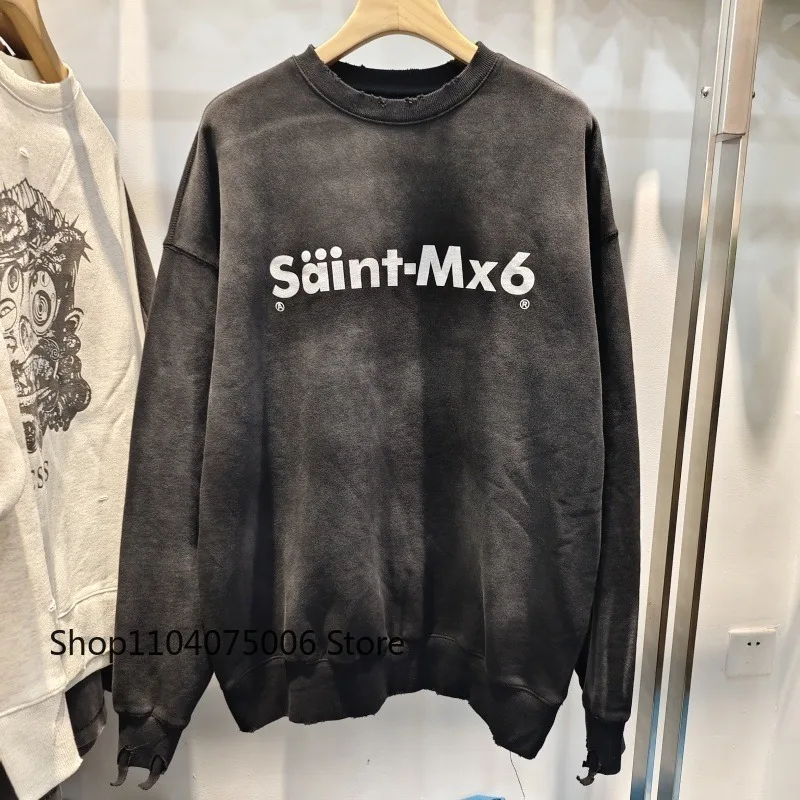 سويت شيرت كبير الحجم من Saint MX6 برقبة دائرية للرجال من القطن المغسول ملابس الشارع كاجوال بقلنسوة