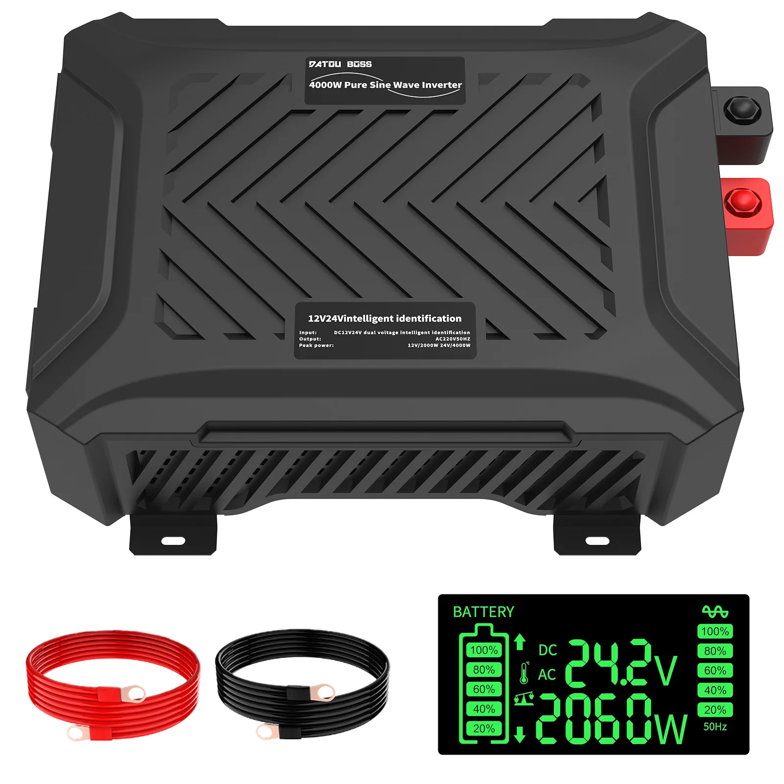 DATOUBOSS 12V/24V naar 230V 1500W/3000W, zuivere sinusomvormer 3000W/6000W piekvermogen, met LCD-scherm met intelligent detectiesysteem - afbeelding 1