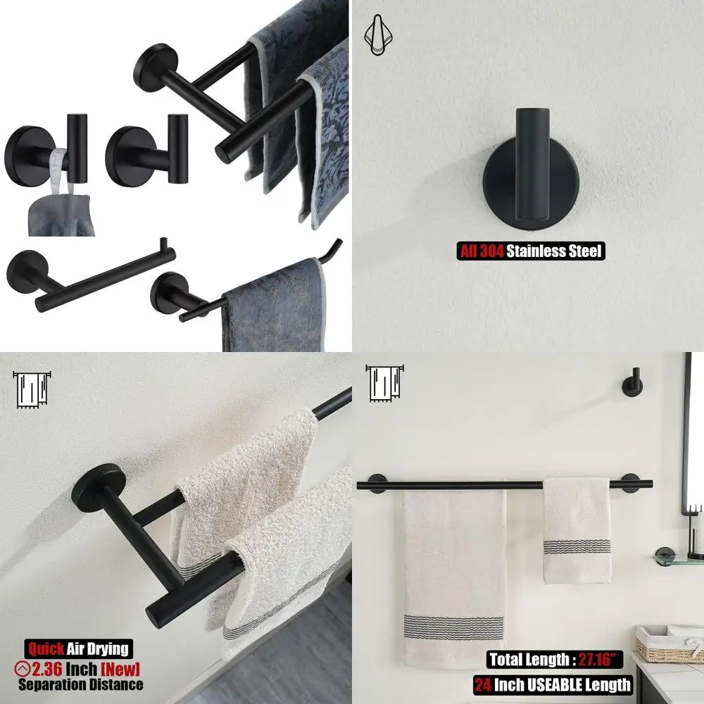 

JQK Bathroom Hardware Set, 5-Piece Bath Accessories Set Matte Black Wall Mount Includes 24 in Towel Bar, 9 in HT Bar, TP Holder,