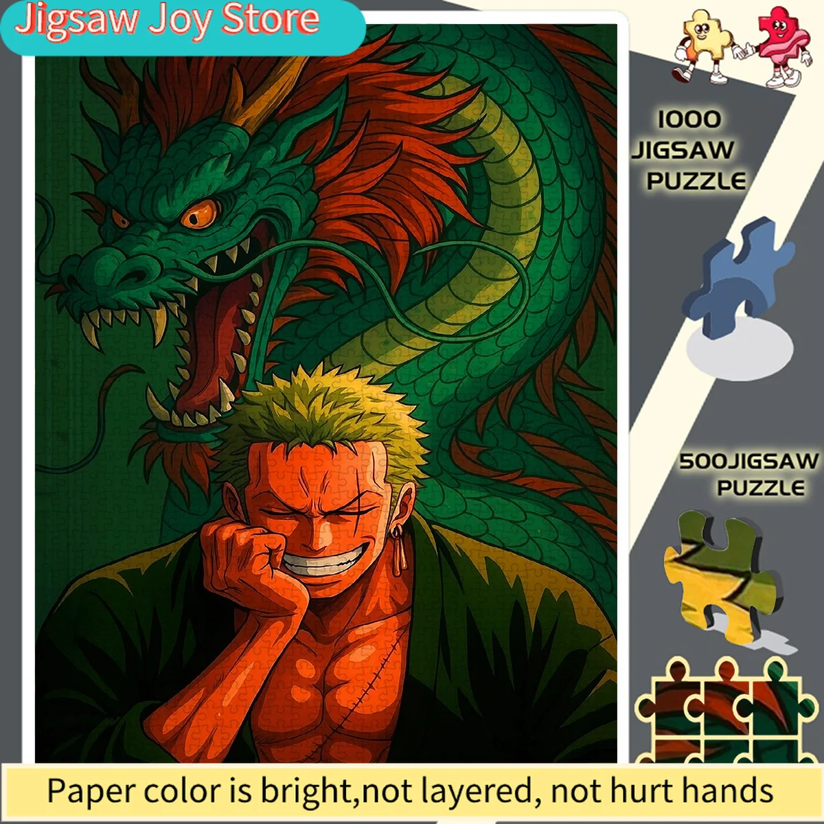 

The Zoro Green Dragon Puzzle Makes a Striking Appearance, Featuring Green Hair And a Dragon Pattern with a Smile Like a Blade.