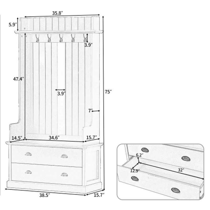 Vintage Style 38.5" Wide Hallway Coat Rack with 5 Metal Hooks and 2 Large Drawers Hall Tree,Black