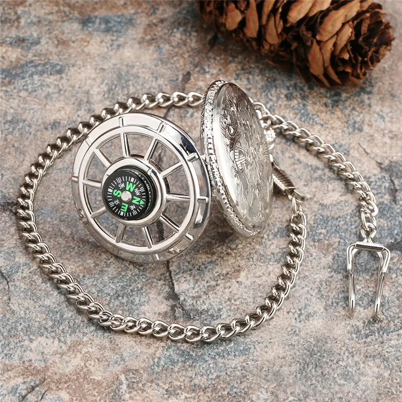 Vintage Hollow Out Compass Design Half Hunter Analog Quartz Pocket Watch for Men Women Starry Dial Pendant Necklace Chain Gift