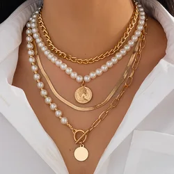 Boho Gold Color Metal Round Pendant Necklace 2025 Women's Multi Layer Sweet Imitation Pearl Snake Chain Girls Fashion Jewelry