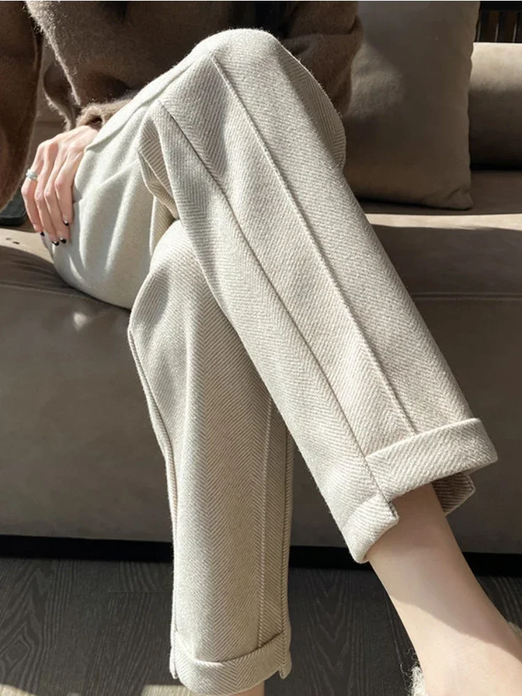 High-waisted Tweed Straight Pants 2024 Autumn/Winter New Women' S Pants Loose Casual Herringbone Warm Thickened Cropped Pants