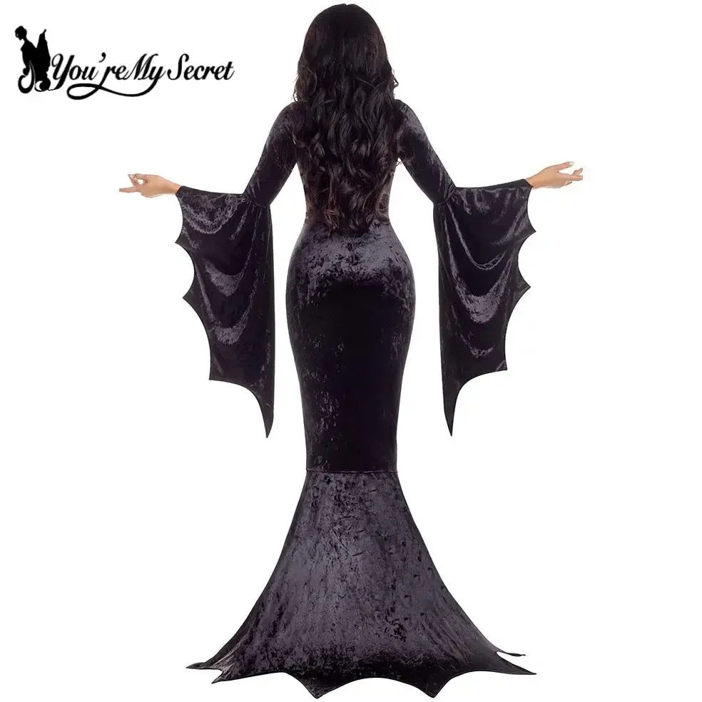 [You're My Secret] Women Witch Costume Velvet Vintage Black Gothic Morticia Mermaid Dress Female Halloween Cosplay Outfit Robe