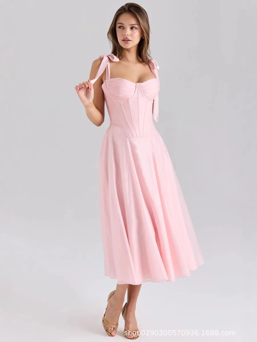 Sexy Pink Women Prom Dress Sleeveless Strap A Line Princess Skirt Ruffles Party Robes Casual Formal Holiday Evening Gown