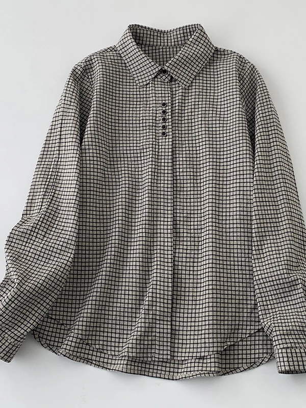 Retro Artistic Plaid Cotton Linen Shirt Women's Long Sleeve Loose Slimming Large Size Casual Spring Autumn Top