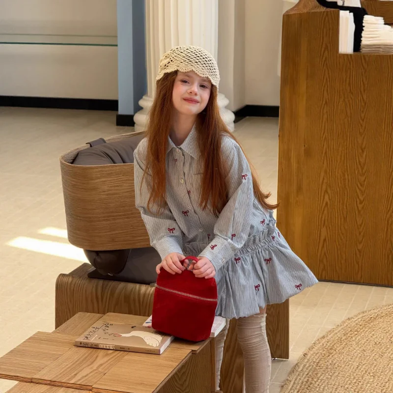 

2026Spring new fashion for girls: sweet bow embroidered shirt dress, children's college-style skirt