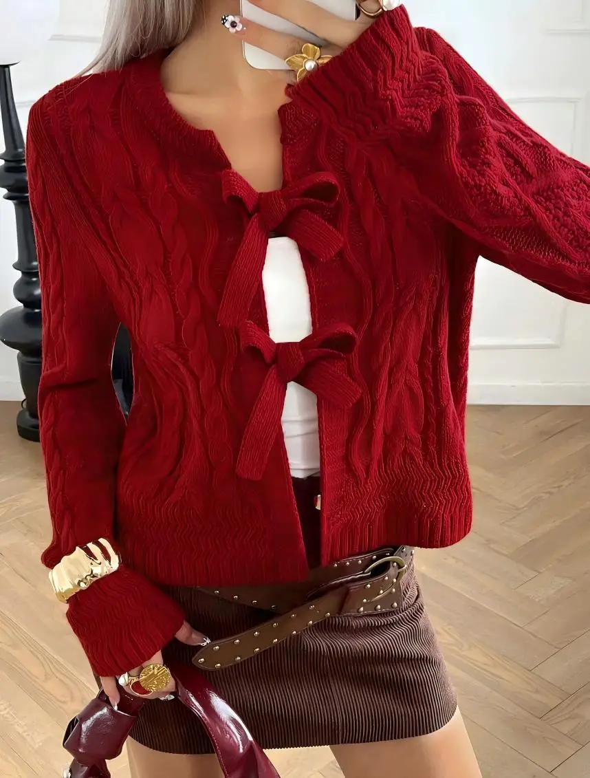 Women Red Cable Knit Cardigan Bow Tie Front Long Sleeve Cropped Knitted Sweater Jacket