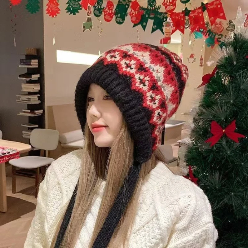 Ethnic Retro Striped Spliced Knitted Hat Woolen Brimless Cap Warm Resistant Ear Protection for Autumn Winter Thickened Style
