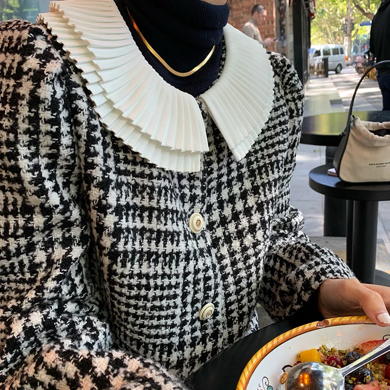 Manteau en laine pour femmes, nouveau Design, petite taille, haut en Tweed à carreaux, Vintage, boutons, détail bulle, Fiber de Polyester, 2025