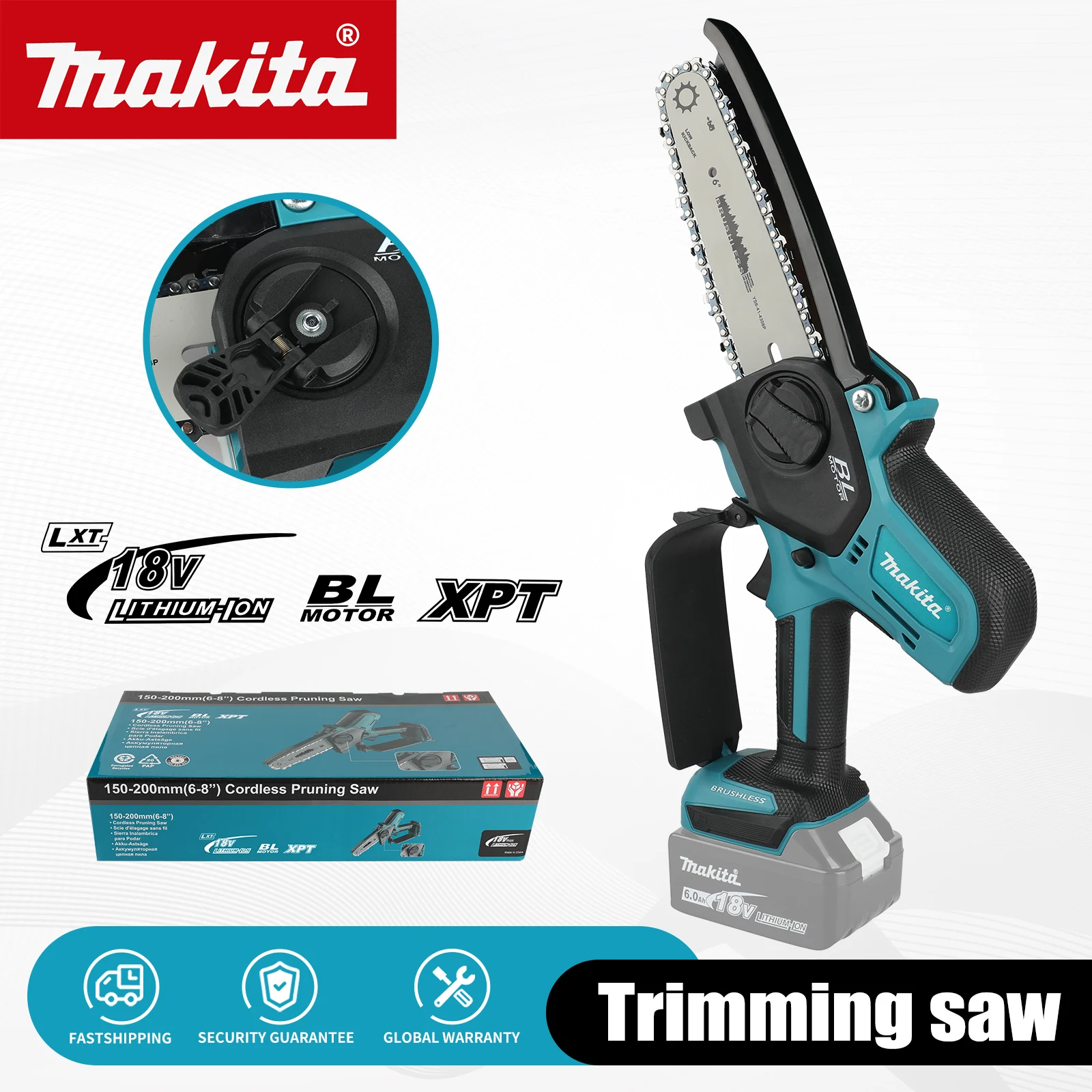 

Аккумуляторная бесщеточная пила Makita 18В, 6 дюймов, скорость цепи 8,0 м/с, электрическая ручная пила для обрезки деревьев в саду с автоматической подачей цепи