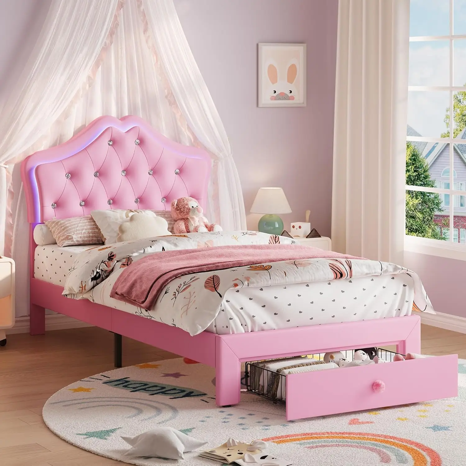 Twin XL Velvet Upholstered Platform Bed Frame With LED Headboard, Crystal Button Tufting, Storage Drawer, Noise Free, No Box Spring