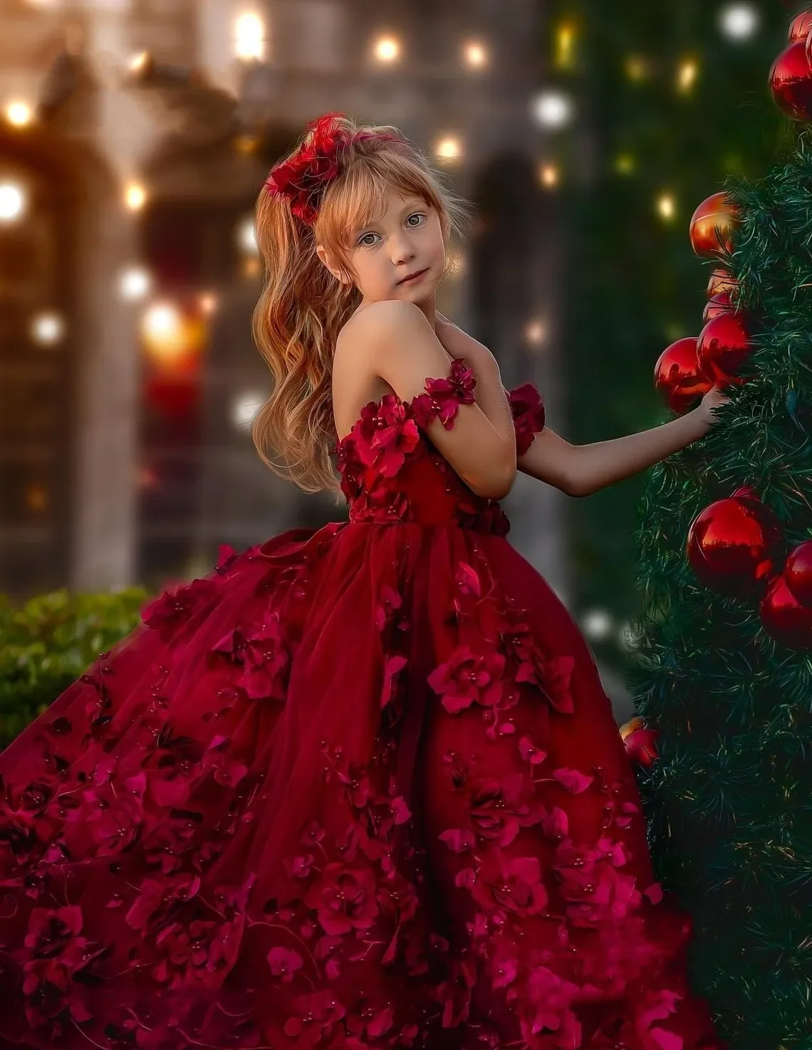 Luxury Burgundy Flower Girl Dresses Long 3D Flowers Pearls Birthday Off Shoulder Party Dress Tulle Pageant Child Christmas Gowns