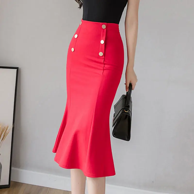 Korean Fashion Button Zipper Bag Hip Mermaid Skirt 2024 Summer New Elegant Office Lady Commute All-match High Waist Knee Skirts