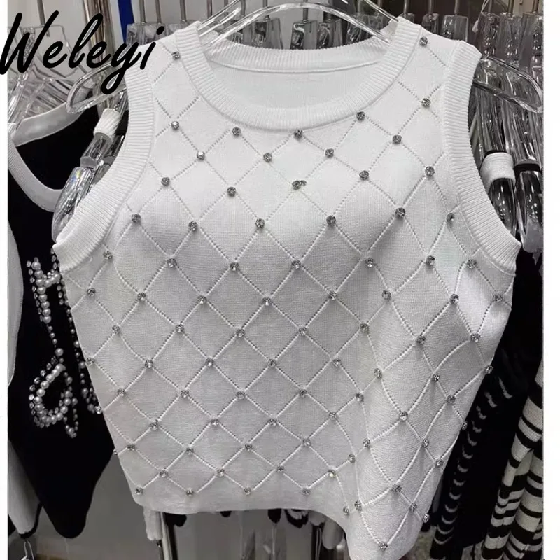 

Diamond-encrusted Rhinestones Short Knitted Vest 2024 Summer New Women's Round Neck Sleeveless Bottoming Vests Top for Women