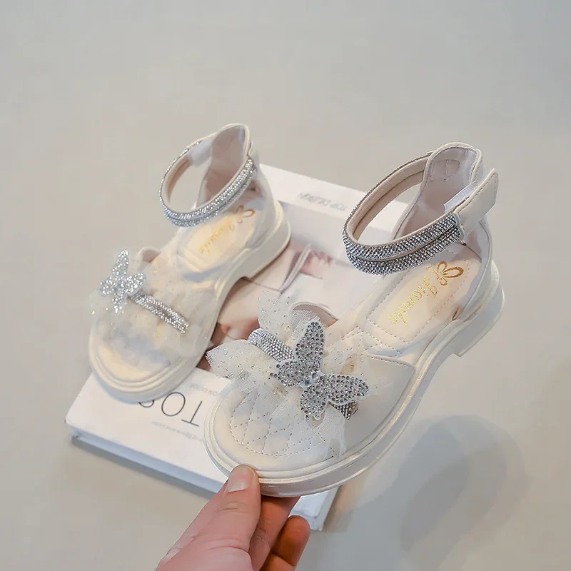 Girls Roman Shoes Mesh Lace Sweet Kids Sandals Shiny Butterfly 2025 Summer New Children Non-slip Soft Sole Open Toes Chic Cute