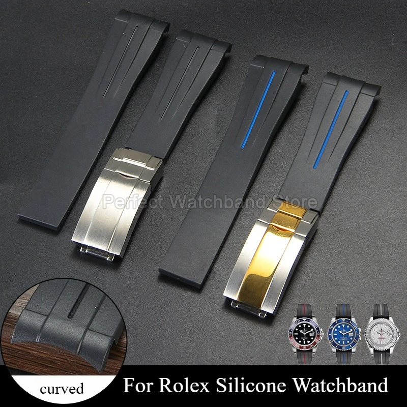Durable Scratch-resistant Lightweight Silicone Watch Strap for Rolex Yacht-Master GMT Black Submariner 20mm Curved Interface