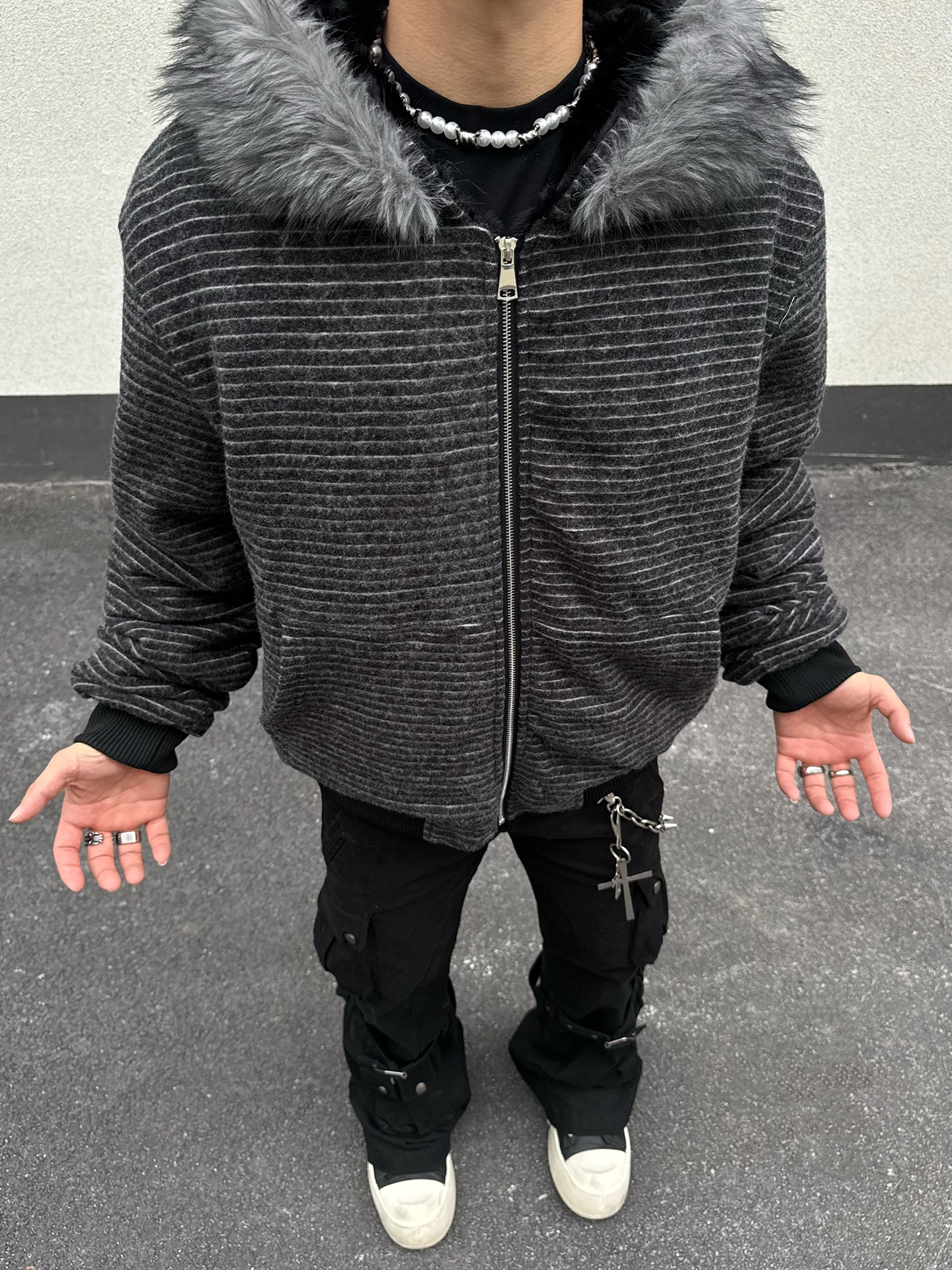 

Men's Thiened Fce Lined Hooded Cotton Jaet Quilted Nylon Winter Coat Warmth Retro American Sle with Fur Collar Stripes