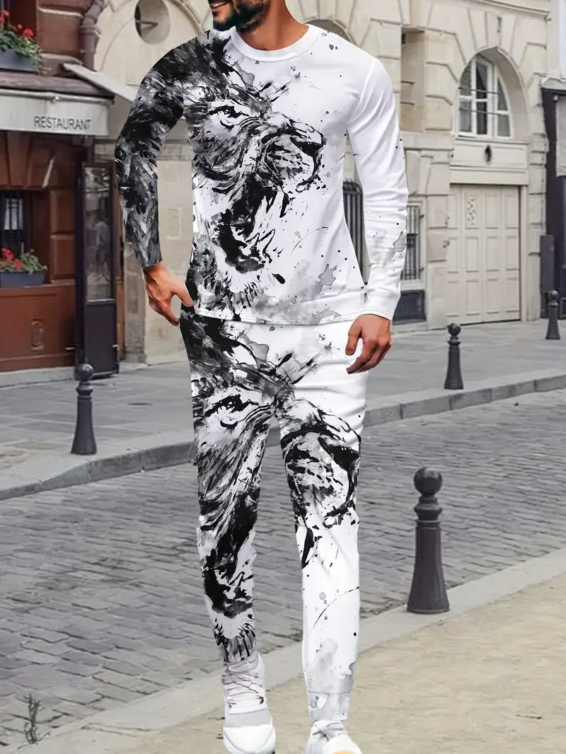 Spring And Fall Men\'s Long Sleeve Pant 2pcs Sets Dragon Striped 3D Animal Print Man Set Everyday Fashion Men Long Sleeved Tshirt