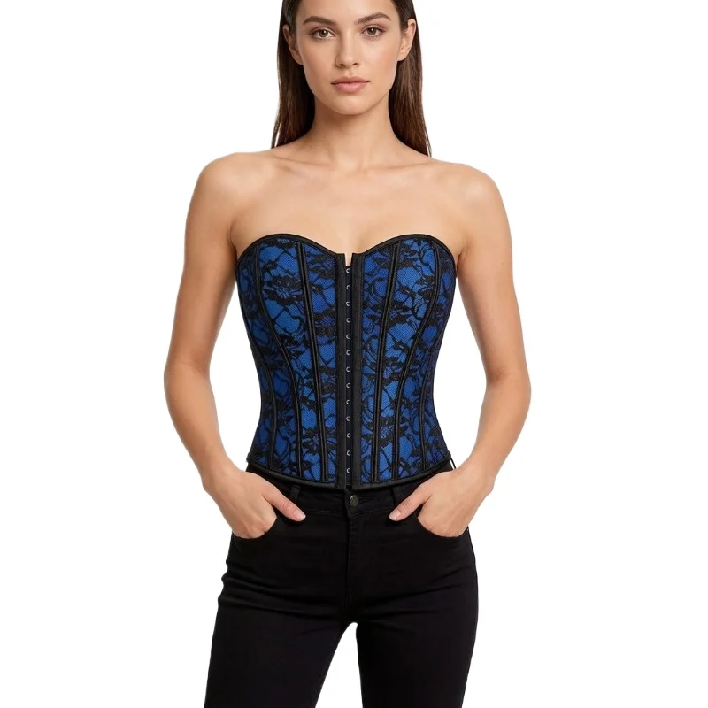 Corset Feminino Azul e Preto com Renda e Estrutura Modeladora |   Cinta Modeladora Redutora de Cintura e Abdômen, Estilo Bustiê Overbust