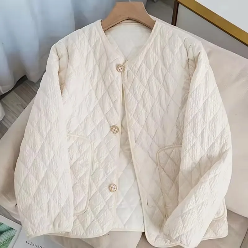 Frauen Baumwolle Gefütterte Jacke Feste Beiläufige Lose Leichte Kragenlose Parkas 2025, Herbst Langarm Stepp Oberbekleidung Weibliche