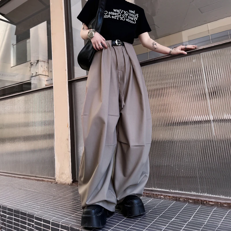 LUZHEN Solid 2026 New Color Fold Splicing Wide Design Leg Casual Pants Men's Trendy Handsome Drawstring Luxury Trousers JY8225