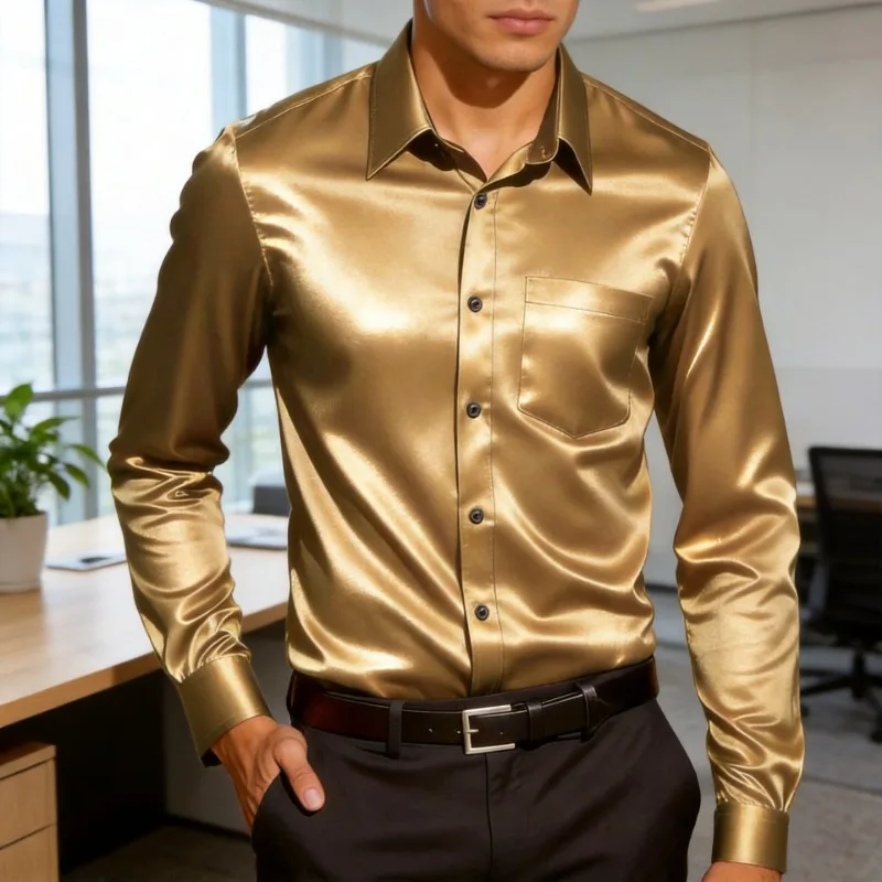 

Men's Satin-Like Ice Silk Dress Shirt Slim Fit Long Sleeve Business Casual Blouse