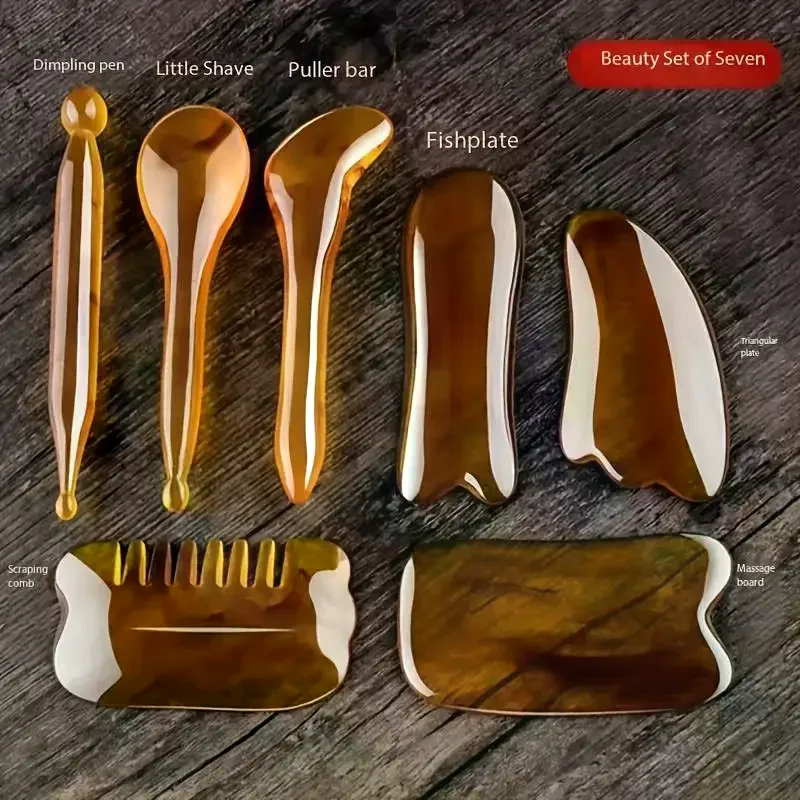 

Набор из 7 янтарных массажных инструментов Гуаша для лица и тела, косметический инструмент для спа-процедур, ухода за кожей, снятия боли в шее, скребок для массажа, массажная доска