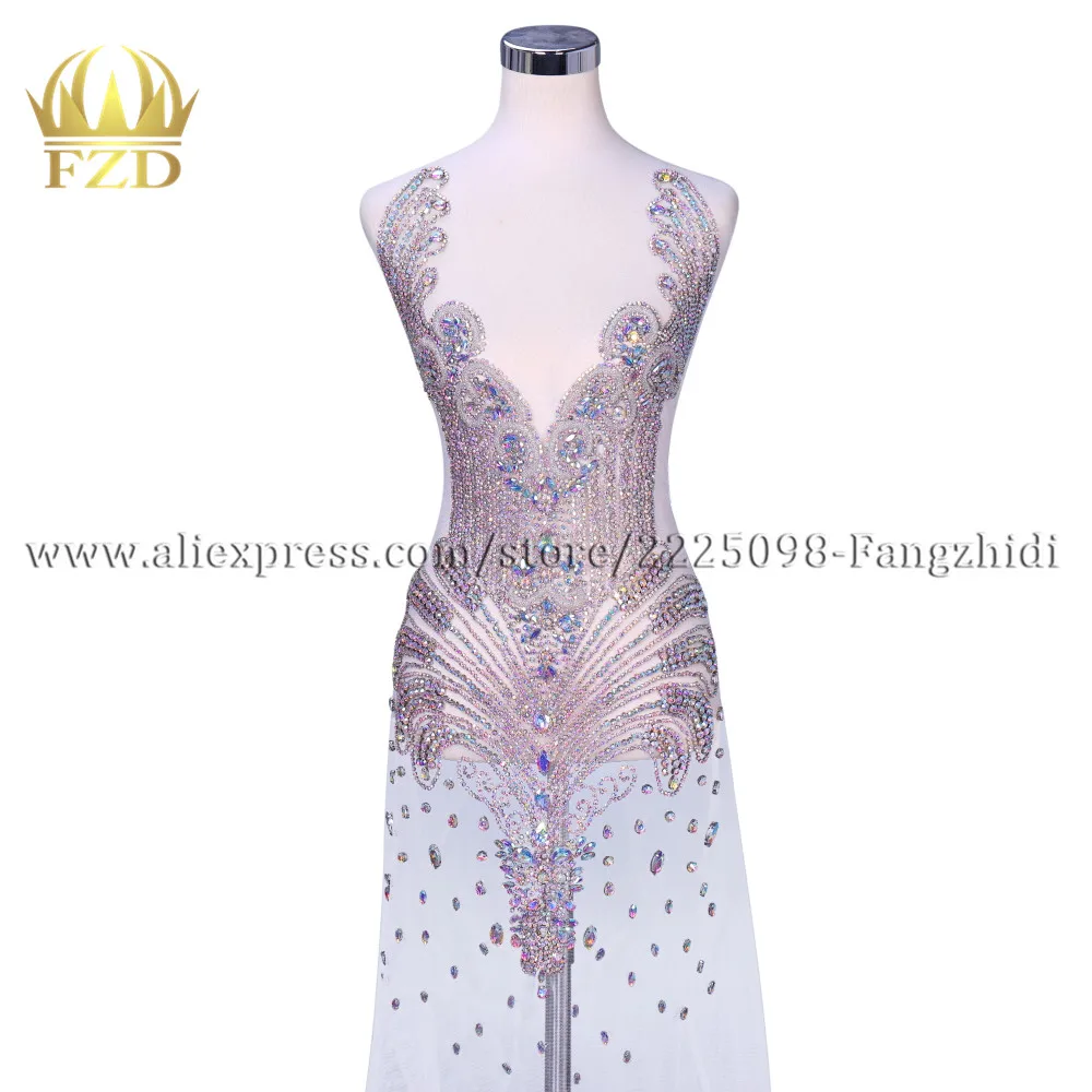 FZD 1 PIECE Elegant Handmade Big Size AB color Rhinestone Wedding Patch Crystal Dress Patch Bodice Applique for T Show Clothes