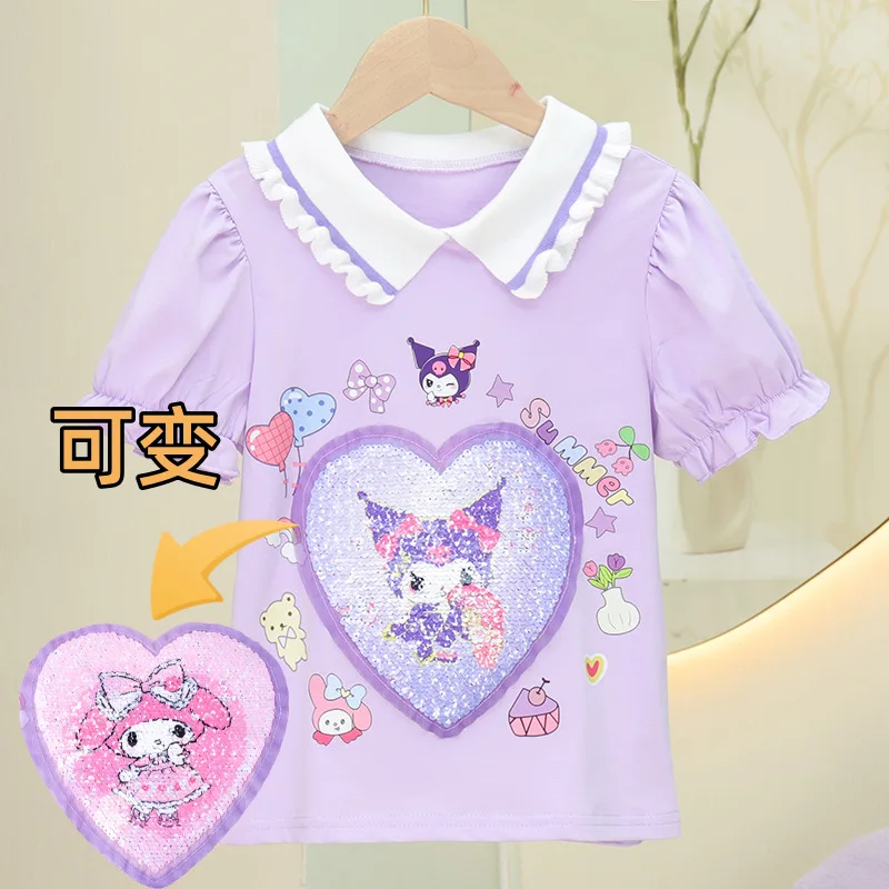 Camiseta de algodón de Anime Sanrios para niños, camiseta Kawaii de manga corta, My Melody Kuromi, Tops de media manga de dibujos animados, ropa de verano para niños