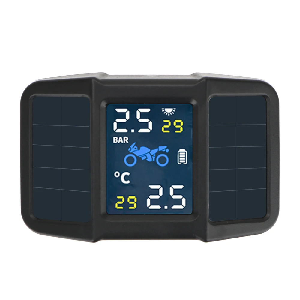 

Temperature Monitoring Alarm System USB Solar Charging Motor Tire Pressure Tyre Motorcycle TPMS With 2 External Sensors