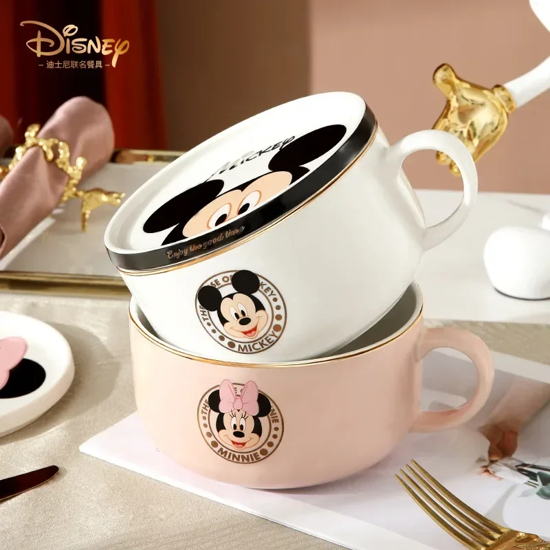 1000ml Disney Kawaii Mickey Mouse Minnie Mouse Noodle Bowl With Handle Large Salad Rice Bowl With Lid Cartoon Ceramic Tableware