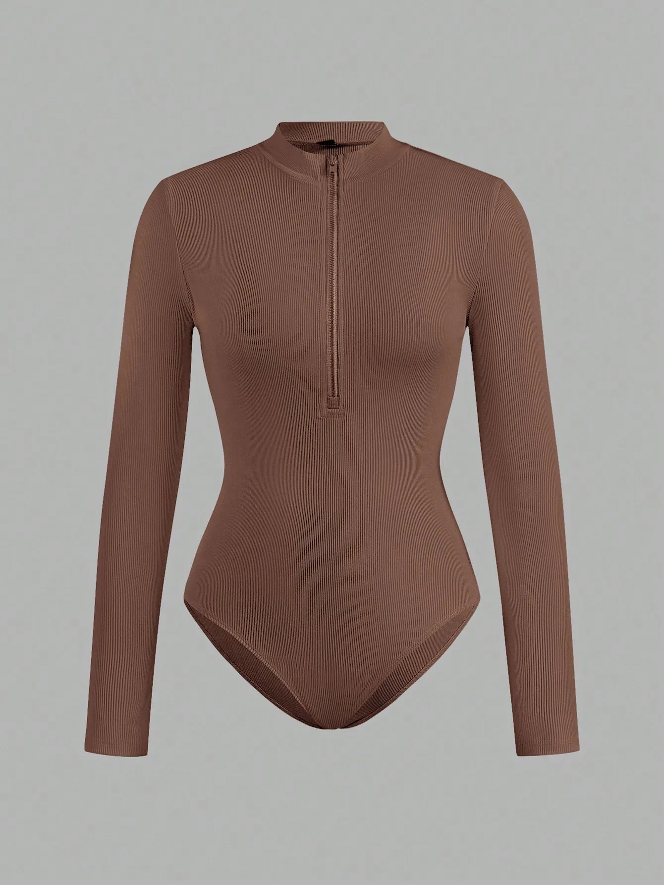 Damen Gerippter Halbzipper-Bodysuit Langarm Stehkragen Schlanke Passform Dehnbarer Jumpsuit Casual Alltagskleidung Ausgehmode Top – Detail 4