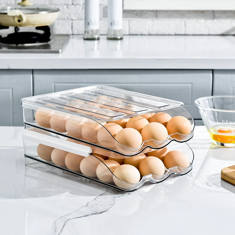 Egg Storage Box, Refrigerator Preservation Box, Slide Type Automatic Rolling Egg Retrieval Box, Large Capacity Egg Tray