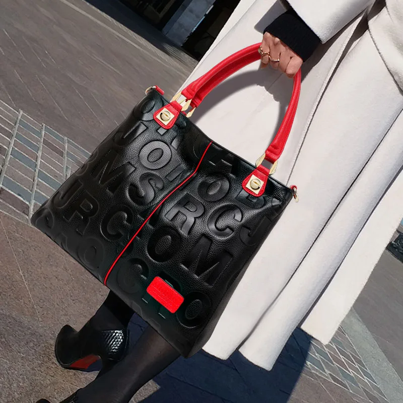 Genuine Cowhide Embossed Letter Tote Bag Detachable Cross Strap Large Multi Pocket Ladies Shoulder Bag Daily Work Shopping