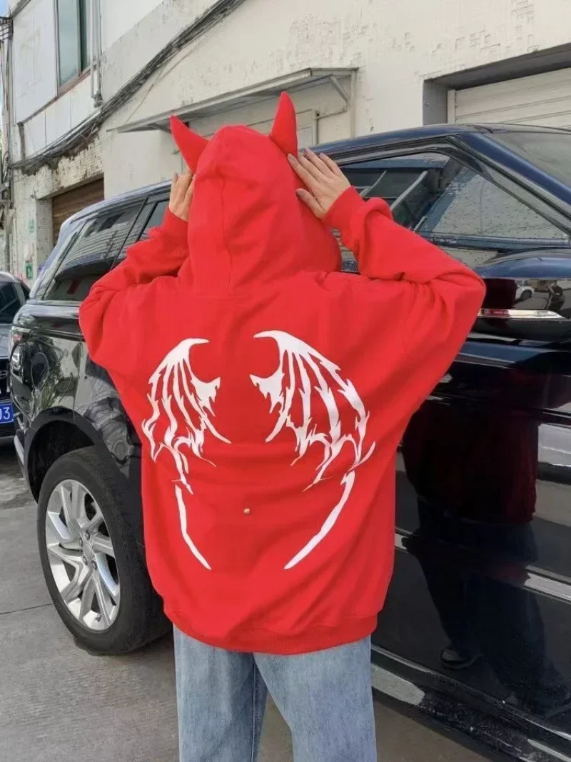 

Gothic Zipper Oversized Y2k Streetwear Tail Hoodies Women Black Detachable Tail Harajuku Devil Horn Sweatshirts Loose Casual Top