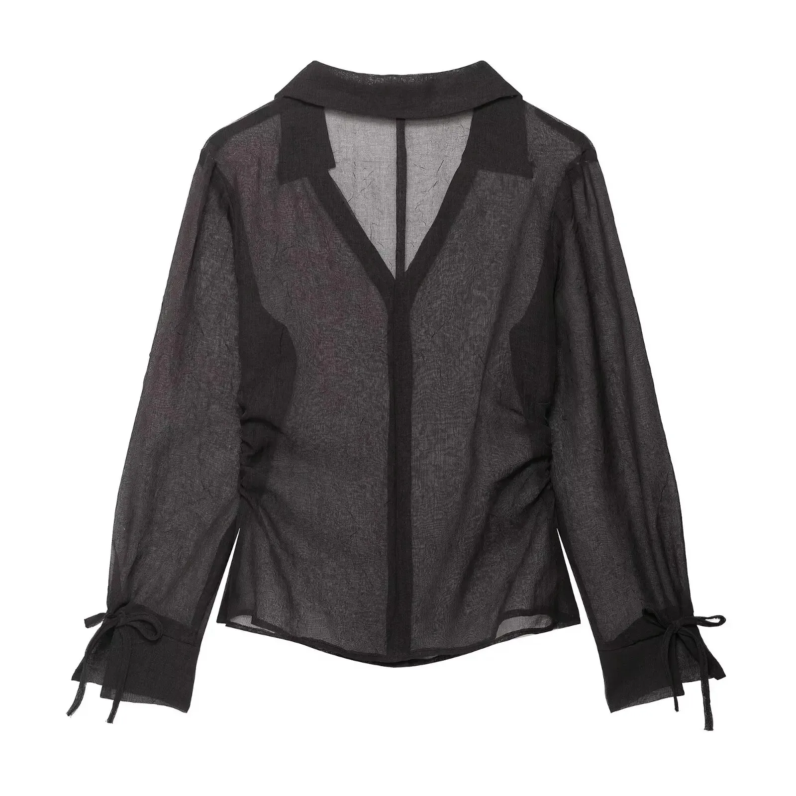 HH femmes automne mode nœud décoratif translucide chemise femme élégante Sexy simple boutonnage mince à manches longues chemise décontractée