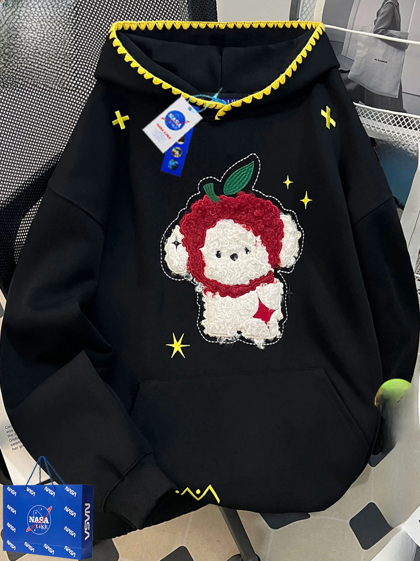

Embroidered Fce Doggies Sweatirt Women's Loose Fit Hoodie Autumn Winter Design Sweet Cool School Sle Outerwear