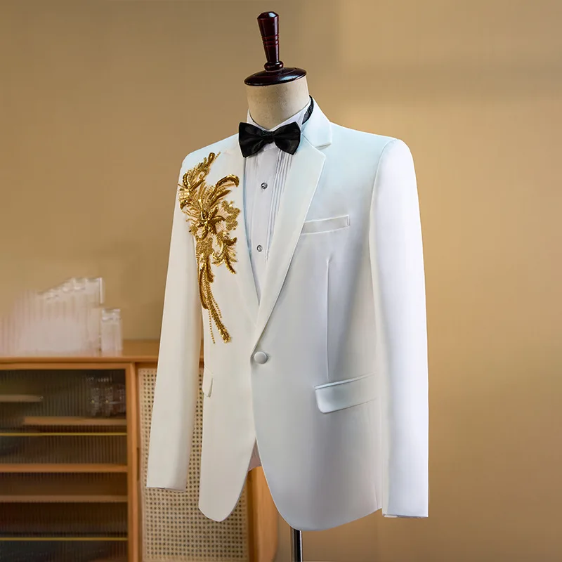 Men Wedding Suit Embroidery Blazer Pants Set Male Host Singer Chorus Stage Performance Suit Groom Banquet 2 Pieces Outfit