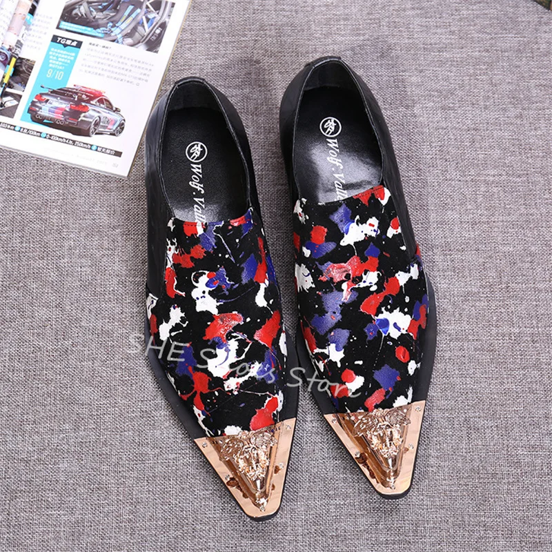 Fashion Metal Pointed Toe Loafers for Men Mixed Color Graffiti Prints Shallow Slip-On Casual Shoes Male Party Wedding Oxfords