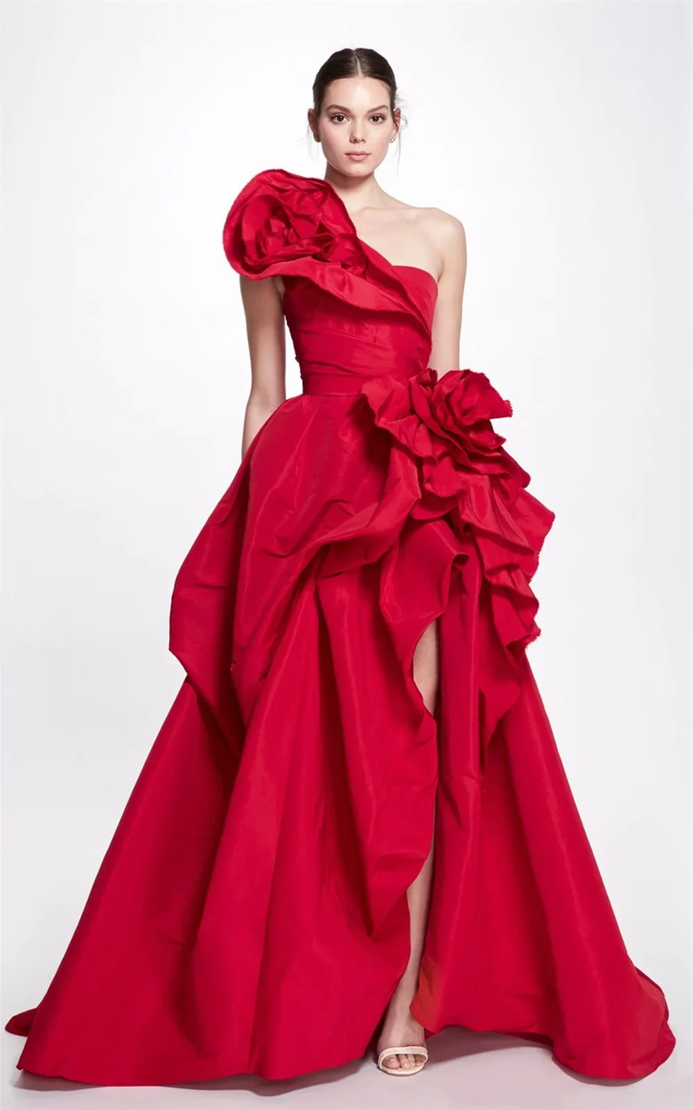 

2025 New Red Satin Prom Gown A-line 3D Big Flower Evening Formal Elegant Floor-Length One Shoulder Party Dresses