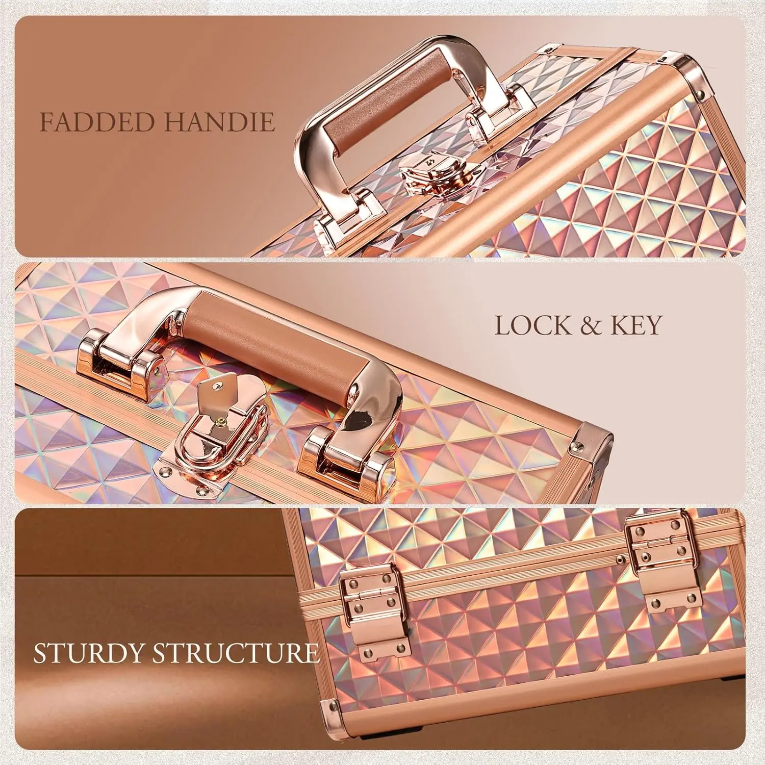 กระเป๋าเครื่องสำอางสีโรสโกลด์ขนาด 11.6 นิ้ว พร้อมกระจก ที่ใส่แปรง และกุญแจล็อคสำหรับการเดินทาง