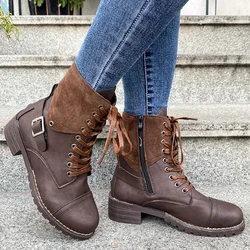 Autumn Vintage Ankle Boots Women New Solid Color Lace Up Casual Women's Shoes Female Square Heel Round Toe  Boots