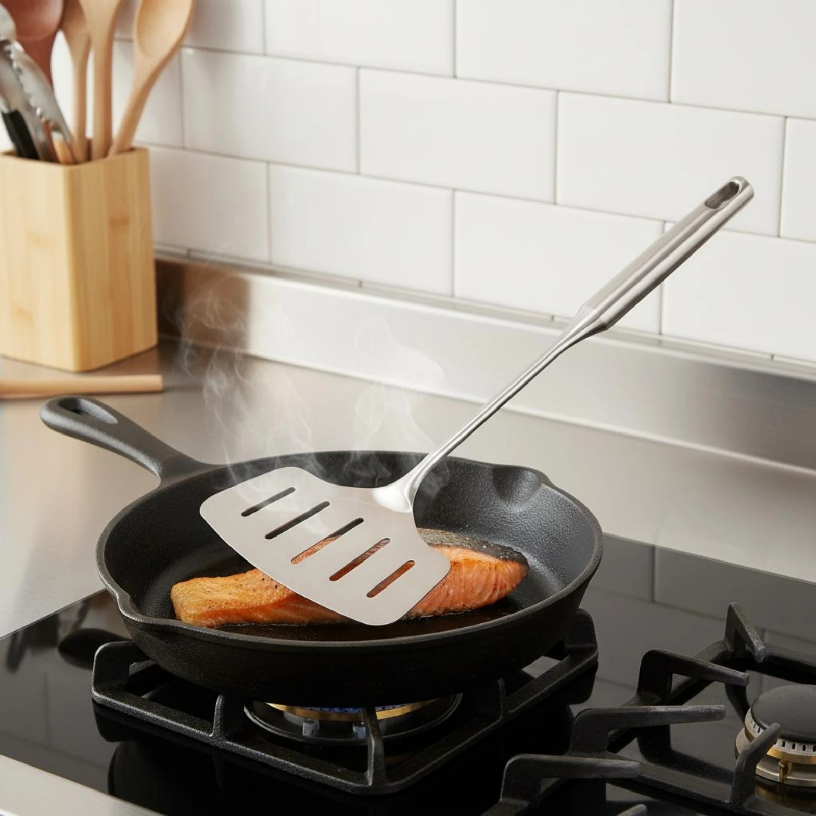 Slotted Seafood Spatula Brushed Silver Stainless Steel Seafood Spatula Slotted Turner Flexible Blade Kitchen Tool Unitary Piece