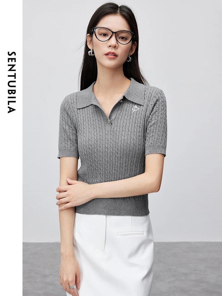 SENTUBILA Cotton 100% Letter ricamo pullover lavorati a maglia ritagliati 2024 Summer Simple Polo Collar top manica corta W42H55192