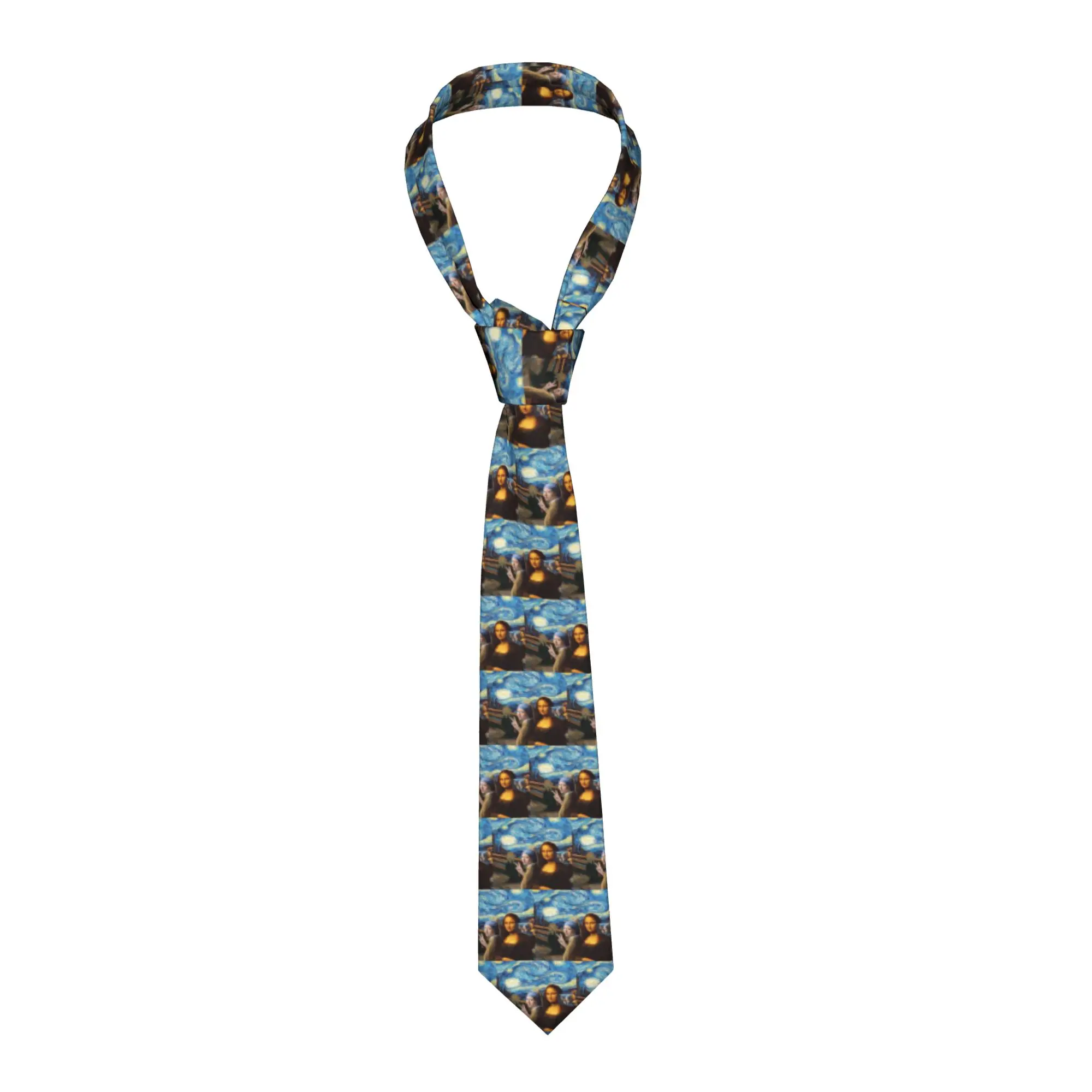 Formal Starry Night By Mona Lisa and Vincent Van Gogh Neck Tie Men Silk Art Painting Necktie for Party Gravatas