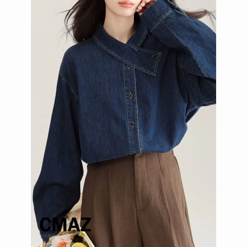 

Korean Retro Cross Denim Shirt for Women 2025 Autumn Versatile Loose Long-sleeved Style Top
