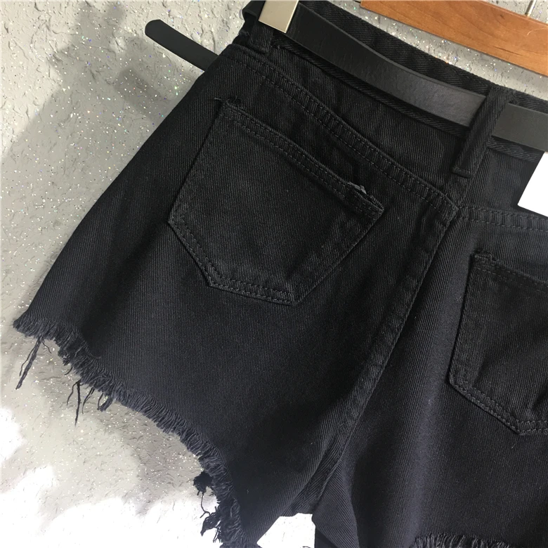 Street Ripped Denim Shorts for Women Contrast Color Wide-legged Hot Pants Slim Causal Jeans Shorts Irregular Y2k Black Summer